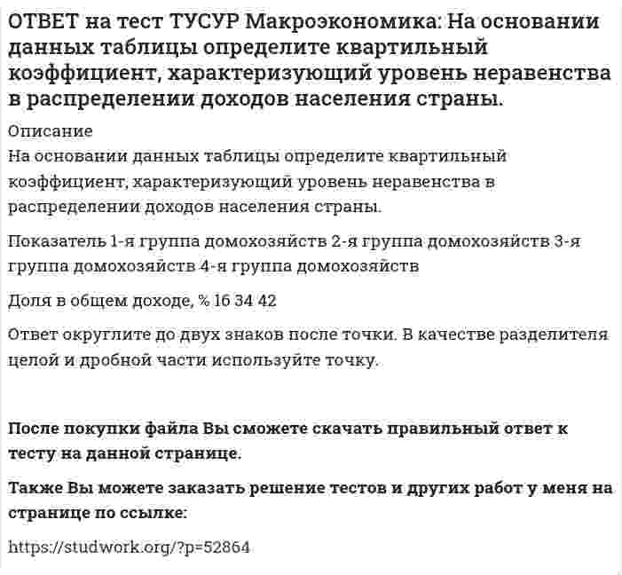     
          Описание
          На основании данных таблицы определите квартильный коэффициент, характеризующий уровень неравенства в распределении доходов населения страны.Показатель   1-я группа домохозяйств   2-я группа домохозяйств   3-я группа домохозяйств   4-я группа домохозяйствДоля в общем доходе, %   6   23   35   Ответ дайте в виде целого числа.После покупки файла Вы сможете скачать правильный ответ к тесту на данной странице.Также Вы можете заказать решение тестов и других работ у меня на странице по ссылке:   
            
            
            ОТВЕТ на тест ТУСУР Макроэкономика: На основании данных таблицы определите квартильный коэффициент, характеризующий уровень неравенства в распределении доходов населения страны. Доля в общем доходе, % 6 23 35ОТВЕТ на тест ТУСУР Макроэкономика: На основании данных таблицы рассчитайте изменение золотовалютных резервов в стране. Наименование счета Значение, ден. ед. Счет текущих операций 12,8 Счет операций с капиталом и финансовымиОТВЕТ на тест ТУСУР Макроэкономика: На основе данных таблицы определите, в каком году наблюдался процесс дефлирования? Годы Дефлятор ВВП по отношению к прошлому году Фактический ВВП 1971 96.5 1500.0 млрд руб. 1972 98.2 2500.0 млрд руб.ОТВЕТ на тест ТУСУР Макроэкономика: На основе данных таблицы определите, какая из стран будет импортировать товар. Страна ФАН Страна СИТОТВЕТ на тест ТУСУР Макроэкономика: На основе данных таблицы рассчитайте величину реального ВВП в 2010 году.ОТВЕТ на тест ТУСУР Макроэкономика: На основе данных таблицы рассчитайте величину реального ВВП в 2011 году. Годы Дефлятор ВВП по отношению к прошлому году Фактический ВВП 2010 104.5 24.8 млрд долл. 2011 104.0 25.2 млрд долл.ОТВЕТ на тест ТУСУР Макроэкономика: На предложение ценных бумаг на внебиржевом рынке оказывает влияние: изменение уровня дохода владельца ценных бумаг темпы роста цен в стране снижение ставки ссудного процента повышение ставки ссудного процентаОТВЕТ на тест ТУСУР Макроэкономика: Наиболее быстро прошла приватизация в: Чехии Венгрии Польше ЮгославииОТВЕТ на тест ТУСУР Макроэкономика: Наличие внешних отрицательных эффектов свидетельствует о том, что: реальные издержки производства товара для общества снижаются выпуск продукции, осуществленный частным лицом, ниже оптимального сОТВЕТ на тест ТУСУР Макроэкономика: Наличие количественных ограничений на обмен валюты по отдельным экономическим субъектам в стране свидетельствует о существовании … валюты. неконвертируемой свободно конвертируемой полностью конвертируемойОТВЕТ на тест ТУСУР Макроэкономика: На макроуровне предложение ресурсов осуществляют: домашние хозяйства государство фирмы внешний мирОТВЕТ на тест ТУСУР Макроэкономика: На макроуровне социальная защита граждан в большей степени осуществляется: государством внешним миром фирмами домашними хозяйствамиОТВЕТ на тест ТУСУР Макроэкономика: На мировом рынке присутствуют две страны. На рисунке представлены кривые спроса и предложения товара в каждой стране. На мировом рынке установится цена, равная… 21,25 ден. ед. 25,45 ден. ед. 24,5 ден. ед.ОТВЕТ на тест ТУСУР Макроэкономика: На мировом рынке присутствуют две страны. На рисунке представлены функция экспорта товара из страны А и функция импорта товара в страну В. Сколько товара (ед.) будет экспортировать страна А?