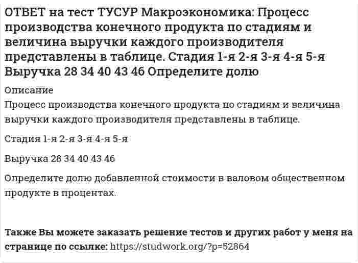     
          Описание
          Процесс производства конечного продукта по стадиям и величина выручки каждого производителя представлены в таблице.Стадия   1-я   2-я   3-я   4-я   5-яВыручка   28   34   40   43   46Определите долю промежуточного продукта в валовом общественном продукте в процентах. Ответ округлите до одного знака после точки. В качестве разделителя целой и дробной части используйте точку.После покупки файла Вы сможете скачать правильный ответ к тесту на данной странице.Также Вы можете заказать решение тестов и других работ у меня на странице по ссылке:   
            
            
            ОТВЕТ на тест ТУСУР Макроэкономика: Процесс производства конечного продукта по стадиям и величина выручки каждого производителя представлены в таблице. Стадия 1-я 2-я 3-я 4-я 5-я Выручка 28 34 40 43 46 Определите долю. 2ОТВЕТ на тест ТУСУР Макроэкономика: Радикальный путь трансформации административно-командной системы в рыночное хозяйство основывается на: идеологии кейнсианства идеях марксизма идеях «невидимой руки» А. Смита монетаристской концепцииОТВЕТ на тест ТУСУР Макроэкономика: Развитие национальной экономики, при котором темпы увеличения реального национального дохода не превышают темпы роста населения, характеризуется: глубокими институциональными изменениями сбалансированностью отсутстОТВЕТ на тест ТУСУР Макроэкономика: Различия в реализации общих закономерностей переходного периода в разных странах не обусловлены: уровнем экономического развития менталитетом населения различиями в стартовой экономической ситуации уровнем ОТВЕТ на тест ТУСУР Макроэкономика: Различная конфигурация отклонений фактического ВВП от потенциального за период времени проявляется в: значимости фазы в конкретном деловом цикле продолжительности фаз делового цикла более высоких темпах ростаОТВЕТ на тест ТУСУР Макроэкономика: Разные варианты движения вперед к социально-рыночному хозяйству отражаются в такой общей закономерности переходного периода как: особый характер противоречий альтернативный характер развития историчность ОТВЕТ на тест ТУСУР Макроэкономика: Расчеты показывают, что уровень естественной безработицы: снижается со временем растет со временем снижается при увеличении фактической безработицы остается без измененияОТВЕТ на тест ТУСУР Макроэкономика: При снижении фонда обязательных резервов, находящегося в Центральном банке: сокращается абсолютная величина наличной денежной массы растет абсолютная величина наличной денежной массы происходит изъятие изОТВЕТ на тест ТУСУР Макроэкономика: Присутствие внешних положительных эффектов в потреблении свидетельствует о том, что частное лицо: несет дополнительные издержки в связи с тем, что производит больше, чем требуется обществу получает выгоду сОТВЕТ на тест ТУСУР Макроэкономика: При условии постоянства скорости обращения денег: номинальный ВВП всегда равен реальному ВВП номинальный ВВП равен номинальному количеству денег в обращении номинальный ВВП всегда меньше реального ВВПОТВЕТ на тест ТУСУР Макроэкономика: Причинами дефицита денег, сменившего прежний дефицит товаров, в переходной экономике России явились: быстрое развитие рыночных механизмов формирование предпринимателей, способных конкурировать друг с другомОТВЕТ на тест ТУСУР Макроэкономика: Проезд по автомагистрали обладает следующими свойствами: исключаемостью из потребления и неконкурентностью в потреблении неисключаемостью из потребления и неконкурентностью в потребленииОТВЕТ на тест ТУСУР Макроэкономика: Производство наркотических средств частными лицами без лицензии относится к … экономике. «черной» фиктивной неформальной «второй»ОТВЕТ на тест ТУСУР Макроэкономика: Процесс производства конечного продукта по стадиям и величина выручки каждого производителя представлены в таблице. Стадия 1-я 2-я 3-я 4-я 5-я 6-я Выручка 10 15 18 25 26 27 Определите
