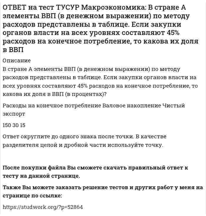      
          Описание
          В структуре ВВП России по источникам доходов в 2011 г. оплата труда наемных работников, включая скрытую оплату труда и смешанные доходы, составляла:от 60% до 70%   более 50%, но менее 60%   около 40%   около 50%После покупки файла Вы сможете скачать правильный ответ к тесту на данной странице.Также Вы можете заказать решение тестов и других работ у меня на странице по ссылке:   
            
            
            ОТВЕТ на тест ТУСУР Макроэкономика: В структуре ВВП России по источникам доходов в 2011 г. оплата труда наемных работников, включая скрытую оплату труда и смешанные доходы, составляла: от 60% до 70% более 50%, но менее 60% около 40% около 50%ОТВЕТ на тест ТУСУР Макроэкономика: В счете движения капитала фиксируются: все сделки, которые имели место в течение года между резидентами данной страны и других стран платежи, обслуживающие экспортно-импортные операции по товарам результатыОТВЕТ на тест ТУСУР Макроэкономика: В условиях непрогнозируемой инфляции… наблюдается значительный рост реальных налоговых поступлений в бюджет при неизменяющихся номинальных доходах занятого населения. должники богатеют за счет кредиторовОТВЕТ на тест ТУСУР Макроэкономика: В условиях прогнозируемой инфляции: издержки инфляции нельзя измерить должники богатеют за счет кредиторов наблюдается рост налоговых поступлений в бюджет при неизменяющихся доходах занятого населения кредиторыОТВЕТ на тест ТУСУР Макроэкономика: В ХХ веке в развитии макроэкономического направления выдающуюся роль сыграл: К. Маркс Ф. Кенэ Дж. Кейнс А. МаршаллОТВЕТ на тест ТУСУР Макроэкономика: Выберите верную последовательность итераций в модели IS: снижение r→ростYAD→увеличение объема I→ рост равновесного выпуска увеличение r→снижение объема I→ падение YAD→ снижение равновесного выпуска рост rОТВЕТ на тест ТУСУР Макроэкономика: Выберите верный ответ. Обязательные резервы не учитываются при определении величины предложения денег. Банковские резервы, хранящиеся в ЦБ страны, не влияют на способность банков создавать новыеОТВЕТ на тест ТУСУР Макроэкономика: В модели Лукаса: кривая рыночного спроса на труд имеет положительный наклон индивидуальная функция предложения труда имеет отрицательный наклон кривая рыночного предложения труда является вертикальной линиейОТВЕТ на тест ТУСУР Макроэкономика: В модели Манделла-Флеминга представлена: модель закрытой экономики модель большой открытой экономики, взаимодействующей с внешним миром модель малой открытой экономики, взаимодействующей с внешнимОТВЕТ на тест ТУСУР Макроэкономика: Возобновление роста реального объема производства характерно для: фазы оживления пикового состояния фазы рецессии фазы депрессииОТВЕТ на тест ТУСУР Макроэкономика: В первой половине 90-х годов в России проводилась: политика «дорогих денег» политика «дешевых денег» ужесточение налоговой политики смягчение налоговой политикиОТВЕТ на тест ТУСУР Макроэкономика: В случае абсолютной немобильности капитала между странами кривая внешнего равновесия будет иметь: вид вертикальной линии положительный наклон отрицательный наклон вид горизонтальной линииОТВЕТ на тест ТУСУР Макроэкономика: В стране F элементы ВВП (в денежном выражении) по методу расходов представлены в таблице. Если закупки органов власти на всех уровнях составят 20% ВВП, то чему они будут равны в денежном выражении? 108 20 12ОТВЕТ на тест ТУСУР Макроэкономика: В стране G элементы ВВП (в денежном выражении) по методу расходов представлены в таблице. Если закупки органов власти на всех уровнях составляют 45% расходов на конечное потребление, то какова их доля в ВВП