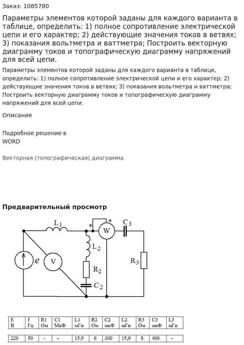 Параметры элементов которой заданы для каждого варианта в таблице, определить: 1)	полное сопротивление электрической цепи и его характер; 2)	действующие значения токов в ветвях; 3)	показания вольтметра и ваттметра; Построить векторную диаграмму токов и топографическую диаграмму напряжений для всей цепи. 