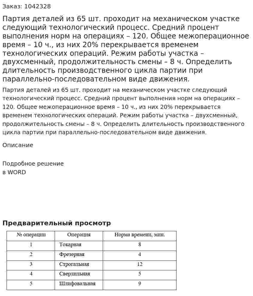 Партия деталей из 65 шт. проходит на механическом участке следующий технологический процесс.  Средний процент выполнения норм на операциях – 120. Общее межоперационное время – 10 ч., из них 20% перекрывается временем технологических операций. Режим работы участка – двухсменный, продолжительность смены – 8 ч. Определить длительность производственного цикла партии при параллельно-последовательном виде движения. 