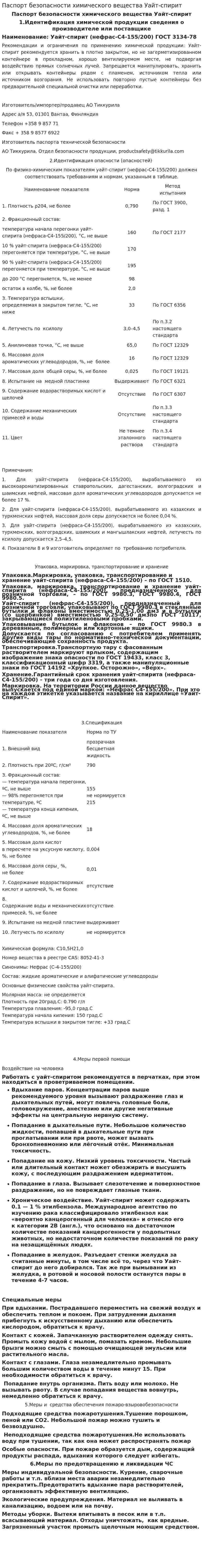 Паспорт безопасности химического вещества Уайт-спирит