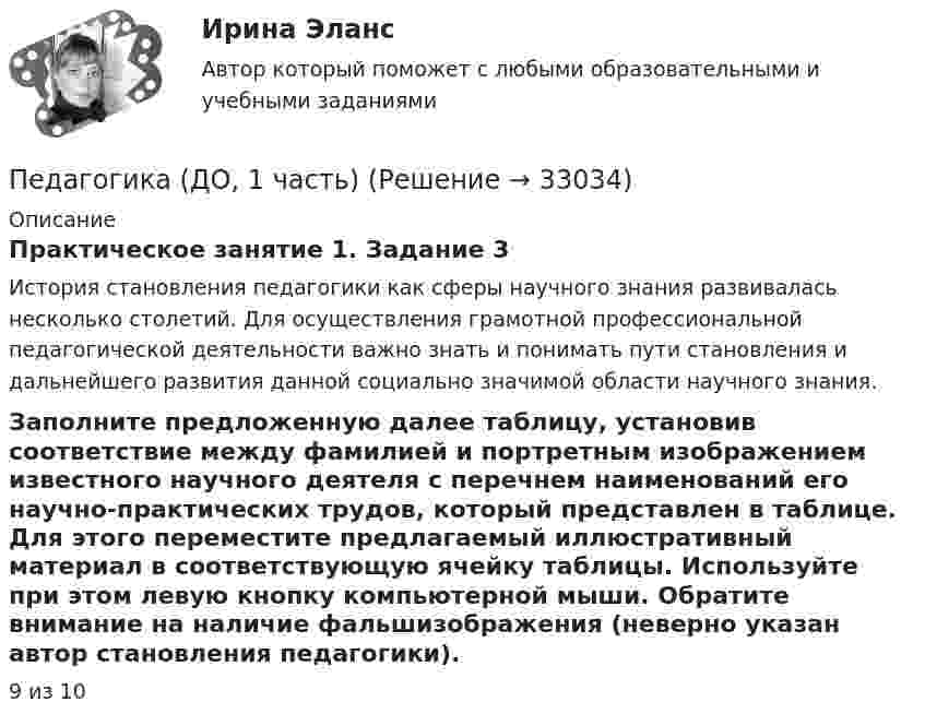      
          Описание
          Практическое занятие 1. Задание 3История становления педагогики как сферы научного знания развивалась несколько столетий. Для осуществления грамотной профессиональной педагогической деятельности важно знать и понимать пути становления и дальнейшего развития данной социально значимой области научного знания. Заполните предложенную далее таблицу, установив соответствие между фамилией и портретным изображением известного научного деятеля с перечнем наименований его научно-практических трудов, который представлен в таблице. Для этого переместите предлагаемый иллюстративный материал в соответствующую ячейку таблицы. Используйте при этом левую кнопку компьютерной мыши. Обратите внимание на наличие фальшизображения (неверно указан автор становления педагогики).9 из 10  
            
            
            Педагогика (ДО, 1 часть)Педагогика (ДО, 1 часть)Педагогика (ДО, 1 часть)Педагогика (ДО, 1 часть) Практическое занятие 1. Задание 8Педагогика (ДО, 1 часть) Практическое занятие 2. Задание 1, 4-6, 8Педагогика (ДО, 1 часть) Практическое занятие 3. Задание 1, 5, 7, 9Педагогика (ДО, 2 часть)Педагогика (ДО, 1 часть)Педагогика (ДО, 1 часть)Педагогика (ДО, 1 часть)Педагогика (ДО, 1 часть)Педагогика (ДО, 1 часть)Педагогика (ДО, 1 часть)Педагогика (ДО, 1 часть)