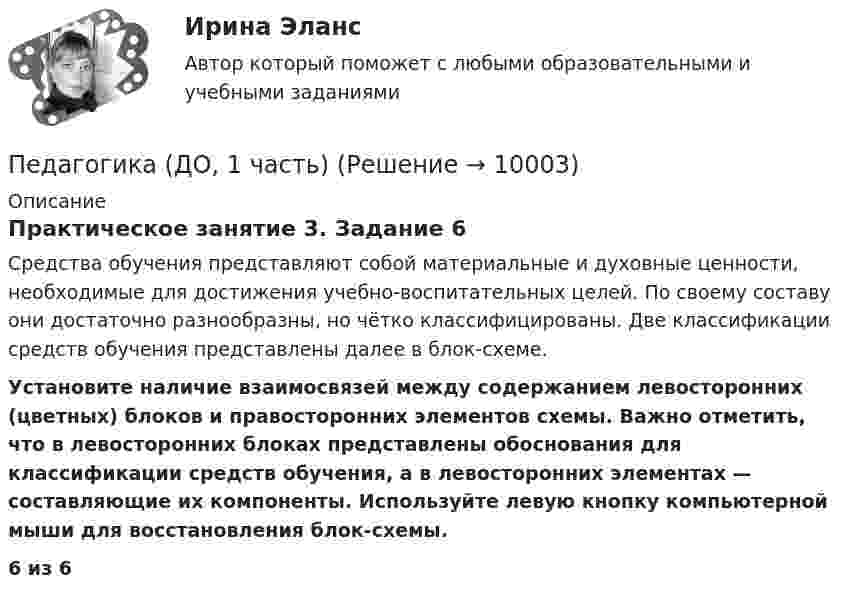      
          Описание
          Практическое занятие 3. Задание 6Средства обучения представляют собой материальные и духовные ценности, необходимые для достижения учебно-воспитательных целей. По своему составу они достаточно разнообразны, но чётко классифицированы. Две классификации средств обучения представлены далее в блок-схеме. Установите наличие взаимосвязей между содержанием левосторонних (цветных) блоков и правосторонних элементов схемы. Важно отметить, что в левосторонних блоках представлены обоснования для классификации средств обучения, а в левосторонних элементах — составляющие их компоненты. Используйте левую кнопку компьютерной мыши для восстановления блок-схемы.6 из 6  
            
            
            Педагогика (ДО, 1 часть)Педагогика (ДО, 1 часть)Педагогика (ДО, 1 часть)Педагогика (ДО, 1 часть)Педагогика (ДО, 1 часть)Педагогика (ДО, 1 часть) Практическое занятие 1. Задание 8Педагогика (ДО, 1 часть) Практическое занятие 2. Задание 1, 4-6, 8Педагогика (ДО, 1 часть)Педагогика (ДО, 1 часть)Педагогика (ДО, 1 часть)Педагогика (ДО, 1 часть)Педагогика (ДО, 1 часть)Педагогика (ДО, 1 часть)Педагогика (ДО, 1 часть)