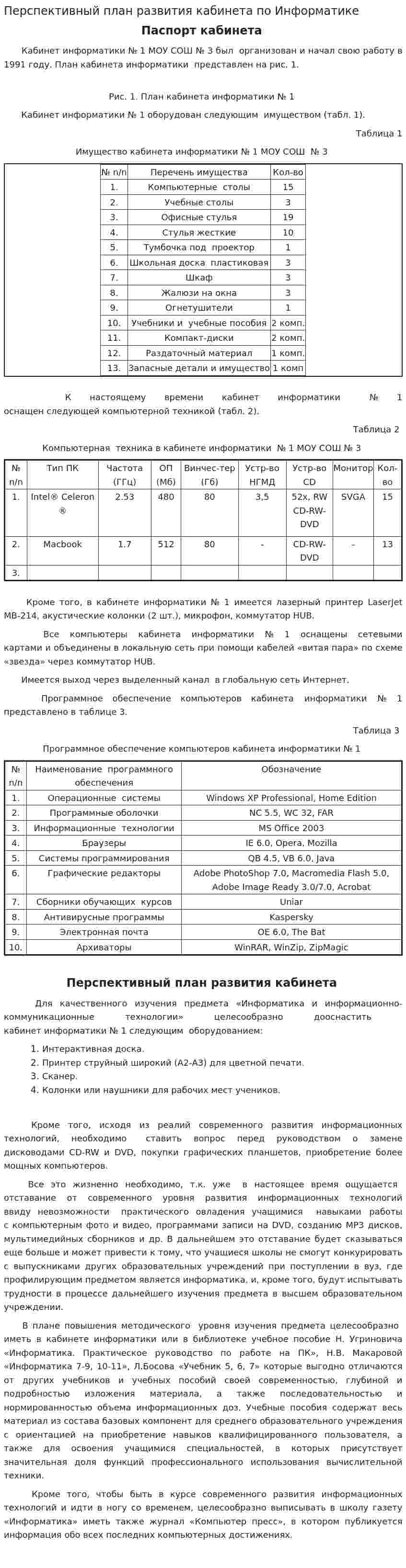 Перспективный план развития кабинета по Информатике