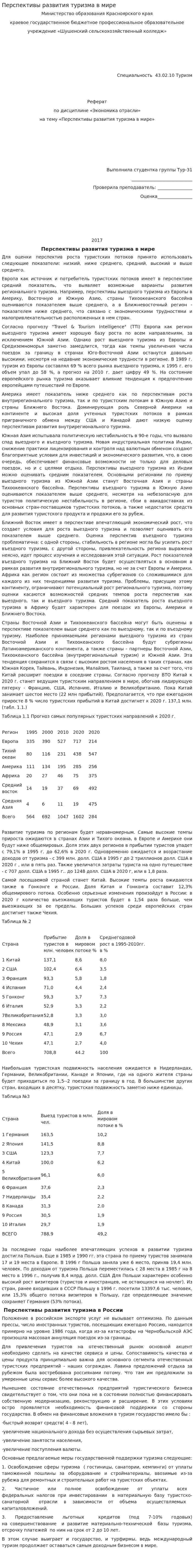 Перспективы развития туризма в мире