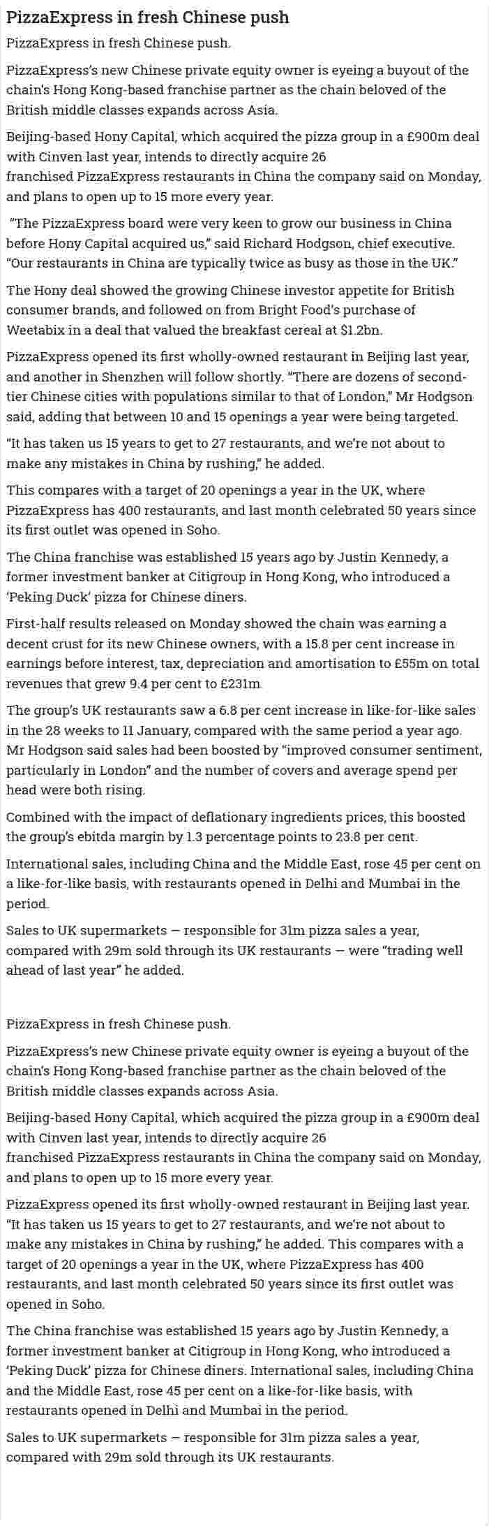 PizzaExpress in fresh Chinese push