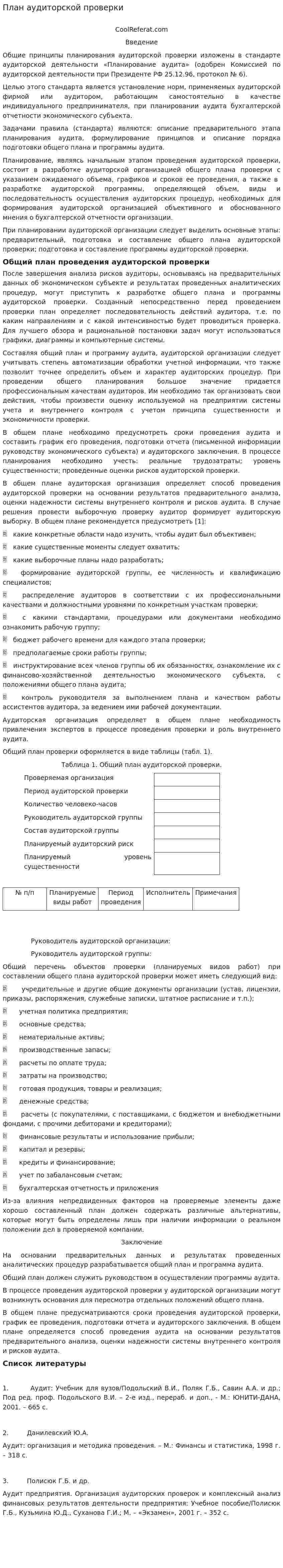 План аудиторской проверки