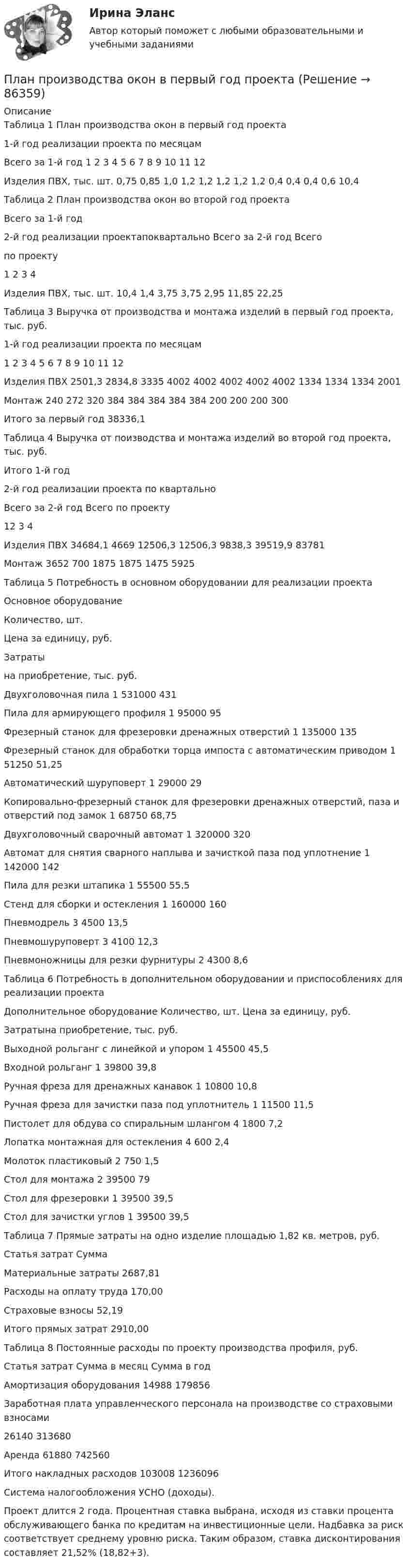     
            Описание
            Таблица 1 План производства окон в первый год проекта   1-й год реализации проекта по месяцам Всего за 1-й год   1 2 3 4 5 6 7 8 9 10 11 12Изделия ПВХ, тыс. шт. 0,75 0,85 1,0 1,2 1,2 1,2 1,2 1,2 0,4 0,4 0,4 0,6 10,4Таблица 2 План производства окон во второй год проекта   Всего за 1-й год 2-й год реализации проектапоквартально Всего за 2-й год Всегопо проекту   1 2 3 4   Изделия ПВХ, тыс. шт. 10,4 1,4 3,75 3,75 2,95 11,85 22,25  	 Таблица 3 Выручка от производства и монтажа изделий в первый год проекта, тыс. руб.   1-й год реализации проекта по месяцам   1 2 3 4 5 6 7 8 9 10 11 12   Изделия ПВХ 2501,3 2834,8 3335 4002 4002 4002 4002 4002 1334 1334 1334 2001   Монтаж 240 272 320 384 384 384 384 384 200 200 200 300   Итого за первый год 38336,1   Таблица 4 Выручка от поизводства и монтажа изделий во второй год проекта, тыс. руб.   Итого 1-й год 2-й год реализации проекта по квартально Всего за 2-й год Всего по проекту   12 3 4   Изделия ПВХ 34684,1 4669 12506,3 12506,3 9838,3 39519,9 83781   Монтаж  3652 700  1875 1875 1475 5925   Таблица 5 Потребность в основном оборудовании для реализации проекта  Основное оборудование  Количество, шт. Цена за единицу, руб. Затратына приобретение, тыс. руб.   Двухголовочная пила 1 531000 431   Пила для армирующего профиля 1 95000 95   Фрезерный станок для фрезеровки дренажных отверстий 1 135000 135   Фрезерный станок для обработки торца импоста с автоматическим приводом 1 51250 51,25   Автоматический шуруповерт 1 29000 29   Копировально-фрезерный станок для фрезеровки дренажных отверстий, паза и отверстий под замок 1 68750 68,75   Двухголовочный сварочный автомат 1 320000 320   Автомат для снятия сварного наплыва и зачисткой паза под уплотнение 1 142000 142   Пила для резки штапика 1 55500 55,5   Стенд для сборки и остекления 1 160000 160   Пневмодрель  3 4500 13,5   Пневмошуруповерт  3 4100 12,3   Пневмоножницы для резки фурнитуры 2 4300 8,6  Таблица 6 Потребность в дополнительном оборудовании и приспособлениях для реализации проекта  Дополнительное оборудование  Количество, шт.  Цена за единицу, руб. Затратына приобретение, тыс. руб.   Выходной рольганг с линейкой и упором 1 45500 45,5   Входной рольганг 1 39800 39,8   Ручная фреза для дренажных канавок 1 10800 10,8   Ручная фреза для зачистки паза под уплотнитель 1 11500 11,5   Пистолет для обдува со спиральным шлангом 4 1800 7,2   Лопатка монтажная для остекления 4 600 2,4   Молоток пластиковый 2 750 1,5   Стол для монтажа  2 39500 79   Стол для фрезеровки 1 39500 39,5   Стол для зачистки углов 1 39500 39,5  Таблица 7 Прямые затраты на одно  изделие площадью 1,82 кв. метров, руб.  Статья затрат Сумма    Материальные затраты 2687,81   Расходы на оплату труда 170,00   Страховые взносы 52,19   Итого прямых затрат 2910,00   Таблица 8 Постоянные расходы по проекту производства профиля, руб.  Статья затрат Сумма в месяц Сумма в год   Амортизация оборудования 14988 179856   Заработная плата управленческого персонала на производстве со страховыми взносами 26140 313680   Аренда 61880 742560   Итого накладных расходов 103008 1236096  	Система налогообложения УСНО (доходы). 	Проект длится 2 года. Процентная ставка выбрана, исходя из ставки процента обслуживающего банка по кредитам на инвестиционные цели. Надбавка за риск соответствует среднему уровню риска. Таким образом, ставка дисконтирования составляет 21,52% (18,82+3).   
            
            
            Планом промышленного предприятия предусматривалось снижение затрат на 1 рубль товарной продукции на 4%, фактически затраты возросли на 2%. Вычислите относительную величину выполнения планаПлан производства окон в первый год проектаПлан решения задачи: 1. Вычертить в масштабе расчетную схему ступенчатого стержня с указанием числовых значений нагрузок и линейных размеров. Указание. Рекомендуется следующий порядок составления расчетной схемы: сначала вычертить стержень по размерам ступеней l1, l2, l3, а затем на полученной схеме расставить силы, ориентируясь на размеры а1, а2, а3.План теодолитной съемкиПлан теодолитной съёмкиПлан тушения пожара на объектеПлан управления требованиями это …Планировка и застройка населенных мест. Практическое Задание 2. РосдистантПланируемые показатели деятельности компании - плательщика налога на добавленную стоимость (НДС) (в тыс. руб. в месяц): выручка с НДС - 22 248. покупная стоимость товаров с НДС - 13 248. заработная плата - 2 500. страховые взносы - 755. Рассчитайте Планируемые показатели деятельности компании – плательщика налога на добавленную стоимость (НДС) (в тыс. руб. в месяц): выручка с НДС – 22 248. покупная стоимость товаров с НДС – 13 248. заработная плата – 2 500. страховые взносы – 755. Рассчитайте ПЛАН КОНСПЕКТ УРОКА  русского языкаПЛАН МЕРОПРИЯТИЙ ПО ФИЗКУЛЬТУРНО-ОЗДОРОВИТЕЛЬНОЙ И СПОРТИВНО-МАССОВОЙ РАБОТЕ В ОБЩЕОБРАЗОВАТЕЛЬНОЙ ОРГАНИЗАЦИИ на III четвертьПлановая трудоемкость отражает...Плановое мероприятие по контролю в отношении одного юридического лица или индивидуального предпринимателя каждым органом государственного контроля (надзора) может быть проведено ...