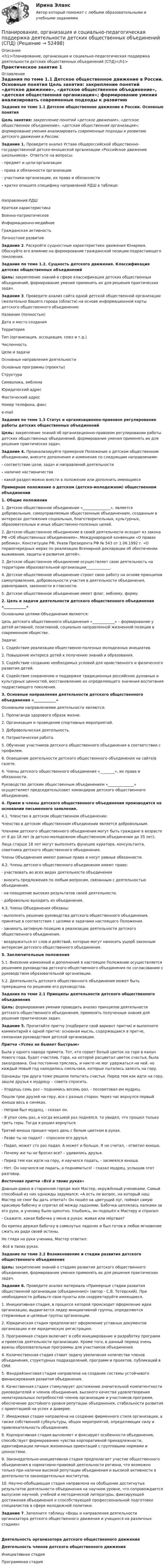      
            Описание
            <h1>Планирование, организация и социально-педагогическая поддержка деятельности детских общественных объединений (СПД)</h1>Практическое занятие 1 
            Оглавление
            Задания по теме 1.1 Детское общественное движение в России. Основные понятия Цель занятия: закрепление понятий «детское движение», «детское общественное объединение», «детская общественная организация»; формирование умения анализировать современные подходы к развитию детского движения в России. Задание 1. Проведите анализ Устава общероссийской общественно-государственной детско-юношеской организации «Российское движение школьников». Ответьте на вопросы:- предмет и цели организации- права и обязанности организации- участники организации, их права и обязанности- кратко опишите специфику направлений РДШ в таблице:Направления РДШКраткая характеристикаВоенно-патриотическое Информационно-медийное Гражданская активность Личностное развитие  Задание 2. Раскройте сущностные характеристики движения Юнармия. Обоснуйте его влияние на формирование гражданской позиции подрастающего поколения.  Задание по теме 1.2. Сущность детского движения. Классификация детских общественных объединенийЦель: закрепление знаний в сфере классификации детских общественных объединений, формирование умения применять их для решения практических задач. Задание 3. Проведите анализ сайта одной детской общественной организации (желательно Вашего города (области) на основе информационной карты детского общественного объединения:Название (полностью)Дата и место созданияТерриторияТип (организация, ассоциация, союз и т.д.)ЧисленностьЦели и задачиОсновные направления деятельностиОсновные программы (проекты)СтруктураСимволика, эмблемаЮридический адресФактический адресНомер телефона, факсe-mail  Задания по теме 1.3 Статус и организационно-правовое регулирование работы детских общественных объединенийЦель: закрепление знаний об организационно-правовом регулировании работы детских общественных объединений, формирование умения применять их для решения практических задач. Задание 4. Проанализируйте примерное Положение о детском общественном объединении, внесите дополнения и изменения по следующим направлениям:- соответствие цели, задач и направлений деятельности- наличие наставничества- какой раздел можно внести в положение или дополнить имеющиеся Примерное положение о детском (детско-молодежном) общественном объединении1. Общие положения1. Детское общественное объединение «_______________», является добровольным, самоуправляемым общественным объединением, созданным в интересах достижения социальных, благотворительных, культурных, образовательных и иных общественно-полезных целей.2. Детское общественное объединение в своей деятельности исходит из закона РФ «Об общественных объединениях», Международной конвенции «О правах ребенка», Конституции РФ, Указа Президента РФ № 543 от 1.06.1992 г. «О первоочередных мерах по реализации Всемирной декларации об обеспечении выживания, защиты и развития детей».3. Детское общественное объединение осуществляет свою деятельность на территории образовательной организации_____________.4. Детское общественное объединение строит свою работу на основе принципов самоуправления, добровольности участия в деятельности объединения, равноправия, законности и гласности.5. Детское общественное объединение имеет флаг, эмблему, форму.2. Цель и задачи деятельности детского общественного объединения «____________»Основными целями Объединения являются:Цель детского общественного объединения «____________» – формирование у детей активной, позитивной, социально направленной жизненной позиции в современном обществе.         Задачи:1. Содействие реализации общественно-полезных молодежных инициатив.2. Повышение интереса детей к получению знаний и образования.3. Содействие созданию необходимых условий для нравственного и физического развития детей.4. Содействие сохранению и поддержке традиционных российских духовных и культурных ценностей, восстановлению их определяющего значения воспитания подрастающего поколения.3. Основные направления деятельности детского общественного объединения «____________» Основными направлениями деятельности являются:1. Пропаганда здорового образа жизни.2. Организация и проведение спортивных мероприятий.3. Добровольческая деятельность.4. Патриотическая работа.5. Обучение участников детского общественного объединения в соответствии с профилем.6. Освещение деятельности детского общественного объединения на сайте/в газете.4. Члены детского общественного объединения «________», их права и обязанности.Руководство детским общественным объединением «______________» осуществляет председатель/совет командиров детского общественного объединения.4. Прием в члены детского общественного объединения производится на основании письменного заявления. 4.1. Членство в детском общественном объединении:Членство в детском общественном объединении является добровольным.Членами детского общественного объединения могут быть граждане в возрасте от 8 до 18 лет (в детско-молодежном общественном объединении до 35 лет).Лица старше 18 лет могут выполнять функцию куратора, консультанта, советника детского общественного объединения.Члены Объединения имеют равные права и несут равные обязанности.4.2. Члены детского общественного объединения имеют право:·                 участвовать во всех видах деятельности объединения·                 вносить предложения по любым вопросам, связанным с деятельностью объединения.·                 на поощрение высоких результатов своей деятельности.·                 добровольно выходить из объединения.4.3. Члены Объединения обязаны:·                 выполнять решение руководства детского общественного объединения, принятые в соответствие с целями и задачами настоящего Положения.·                 занимать активную позицию в реализации деятельности детского общественного объединения.·                 воздержаться от слов и действий, которые могут наносить ущерб законным интересам детского общественного объединения.5. Заключительные положения5.1. Внесение изменений и дополнений в настоящее Положение осуществляется решением руководства детского общественного объединения по согласованию с руководством образовательной организации.5.2. Деятельность детского общественного объединения может быть прекращена по решению его руководства. Задания по теме 2.1 Принципы деятельности детского общественного объединенияЦель: формирования умения проводить анализ принципов деятельности детского общественного объединения, применять полученные знания для решения практических задач.Задание 5. Прочитайте притчу (подберите свой вариант притчи) и выполните комментарий к одной притче: основная мысль, содержащаяся в притче, связанная руководством детской организации. Притча «Успех не бывает быстрым»Была у одного народа примета. Тот, кто сорвет белый цветок на горе в канун Нового года, будет счастлив. Гора, на которой расцветал цветок счастья, была заколдована. Она постоянно тряслась, и никто не мог удержаться на ней. но каждый Новый год находились смельчаки, которые пытались залезть на гору.Однажды три друга тоже решили попытать счастья. Перед тем как идти на гору, зашли друзья к мудрецу – совета спросить.- Упадешь семь раз – поднимись восемь раз, - посоветовал им мудрец.Пошли трое друзей на гору, все с разных сторон. Через час вернулся первый юноша весь в синяках.- Неправ был мудрец, - сказал он.- Я упал семь раз, а когда восьмой раз поднялся, то увидел, что прошел только треть горы. Тогда я решил вернуться.Третий юноша пришел через день с белым цветком в руках.- Разве ты не падал? – спросили его друзья.- Падал, может сто раз падал. А может и больше. Я не считал, - ответил юноша.- Почему же ты не бросил все? – удивились друзья.- Перед тем как идти на гору, я научился падать, - засмеялся юноша.- Нет. Он научился не падать, а подниматься! - сказал мудрец, услышав этот разговор. Восточная притча «Всё в твоих руках»Давным-давно в старинном городе жил Мастер, окружённый учениками. Самый способный из них однажды задумался: «А есть ли вопрос, на который наш Мастер не смог бы дать ответа?» Он пошёл на цветущий луг, поймал самую красивую бабочку и спрятал её между ладонями. Бабочка цеплялась лапками за его руки, и ученику было щекотно. Улыбаясь, он подошёл к Мастеру и спросил:- Скажите, какая бабочка у меня в руках: живая или мёртвая?Он крепко держал бабочку в сомкнутых ладонях и был готов в любое мгновение сжать их ради своей истины.Не глядя на руки ученика, Мастер ответил:-Всё в твоих руках.  Задание по теме 2.2 Возникновение и стадии развития детского общественного объединенияЦель: закрепление знаний о стадиях развития детского общественного объединения, формирование умения применять их для решения практических задач. Задание 6. Проведите анализ материала «Примерные стадии развития общественной организации (объединения)» (автор - С.В. Тетерский). При необходимости добавьте свои пункты или скорректируйте имеющиеся.1. Инициативная стадия, в процессе которой происходит оформление идеи организации, выдвигается лидер инициативной группы, определяются стержневые и целевые группы организации.2. Юридическая стадия предполагает оформление уставных документов организации и ее юридическую регистрацию.3. Программная стадия включает в себя инициирование и разработку программ и проектов деятельности организации. Кроме того, в данный период очень важны образовательные программы для участников объединения.4. Количественная стадия ставит задачу увеличения количества членов объединения, структурных подразделений, программ и проектов, публикаций в СМИ.5. Фандрайзинговая стадия направлена на создание системы устойчивого финансирования развития объединения.6. Качественная стадия стимулирует достижение значительной компетентности руководителей и членов объединения, высокого качества удовлетворения нематериальных потребностей членов организации и участников программ, обеспечение достойного уровня репутации объединения, стабильности развития с ориентацией на успех и доверие.7. Имиджевая стадия направлена на создание фирменного стиля организации, а также собственной субкультуры, общих мероприятий, определяющих силу и привлекательность объединения.8. Корпоративная стадия вычленяет и фиксирует особенности объединения, способствует формированию чувства корпоративной принадлежности, идентификации личных жизненных ориентаций с групповыми нормами и ценностями.9. Законодательно-инициативная стадия предполагает участие общественного объединения в нормативно-правовой деятельности региона, что возможно только при наличии высокой репутации объединения и высокой активности в деятельности законодательных институтов.10. Научно-обобщающая стадия направлена на обобщение достигнутых результатов деятельности объединения на научном уровне, что сопровождается выпуском научной, учебной и методической литературы, фиксирующей достижения объединения и способствующей профессиональной подготовке специалистов в сфере молодежной политики. Задание 7. Заполните таблицу «Виды и направления деятельности организатора детского общественного движения и учащихся на различных стадиях»Деятельность организатора детского общественного движенияДеятельность членов детского общественного движенияИнициативная стадия  Программная стадия 
            
            
            Планирование, организация и социально-педагогическая поддержка деятельности детских общественных объединений (СПД)Планирование, организация и социально-педагогическая поддержка деятельности детских общественных объединений (СПД)Планирование, организация и социально-педагогическая поддержка деятельности детских общественных объединений (СПД)Планирование, организация и социально-педагогическая поддержка деятельности детских общественных объединений (СПД)Планирование, организация и социально-педагогическая поддержка деятельности детских общественных объединений (СПД)Планирование, организация и социально-педагогическая поддержка деятельности детских общественных объединений (СПД) Комплекс НСПКПланирование, организация и социально-педагогическая поддержка деятельности детских общественных объединений (СПД) Тест №1 НСПКПланирование на предприятии/Практические задания 3,4 вариант 12 буква МПланирование на предприятии / Промежуточные тесты + Итоговый тестПланирование на производствеПланирование обучения персонала включает составление планов переподготовки и повышения квалификации служащих как на ... так и вне его.Планирование, организация и социально-педагогическая поддержка деятельности детских общественных объединений Практическое занятие №2Планирование, организация и социально-педагогическая поддержка деятельности детских общественных объединений (СПД)Планирование, организация и социально-педагогическая поддержка деятельности детских общественных объединений (СПД)