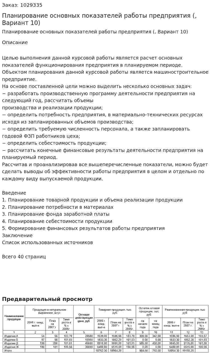 Планирование основных показателей  работы предприятия (курсовая работа, Вариант 10) 