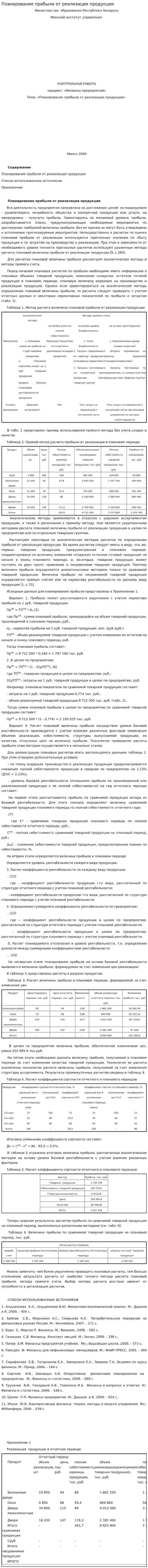 Планирование прибыли от реализации продукции
