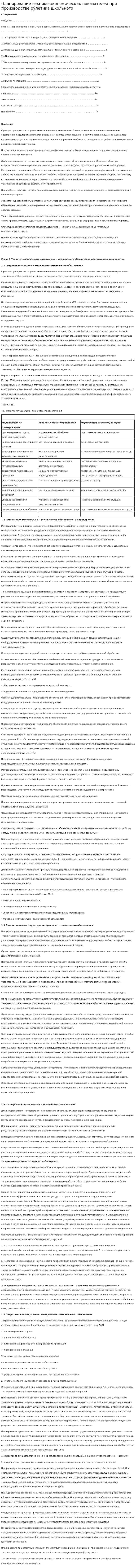 Планирование технико-экономических показателей при производстве рулетика школьного