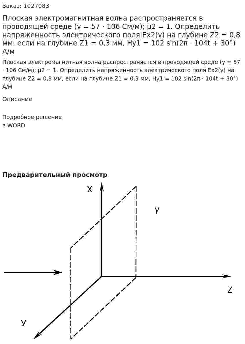 Плоская электромагнитная волна распространяется в проводящей среде (γ = 57 · 106 См/м); μ2 = 1. Определить напряженность электрического поля Ex2(γ)  на глубине Z2 = 0,8 мм, если на глубине Z1 = 0,3 мм, Hy1 =  102 sin(2π · 104t + 30°) A/м 