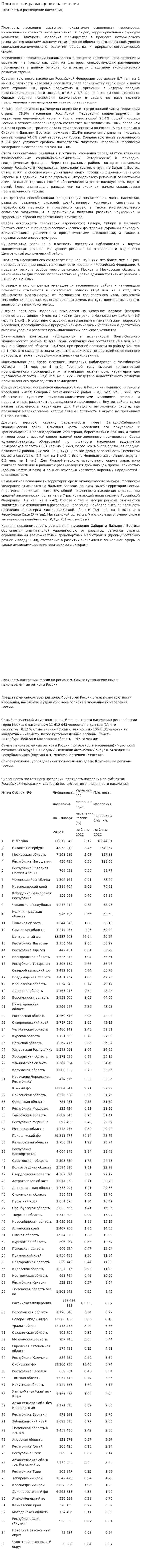 Плотность и размещение населения