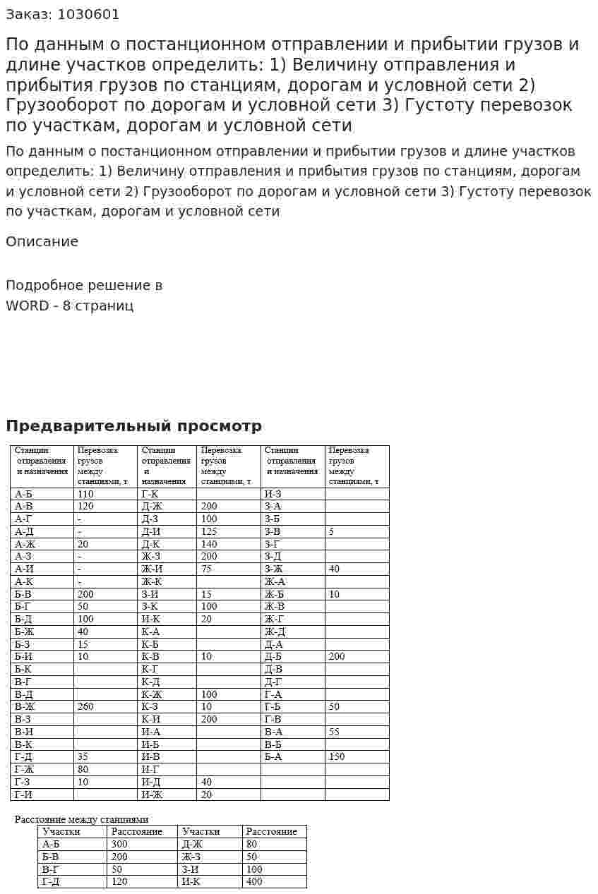 По данным о постанционном отправлении и прибытии грузов и длине участков определить: 1)	Величину отправления и прибытия грузов по станциям, дорогам и условной сети 2)	Грузооборот по дорогам и условной сети 3)	Густоту перевозок по участкам, дорогам и условной сети 