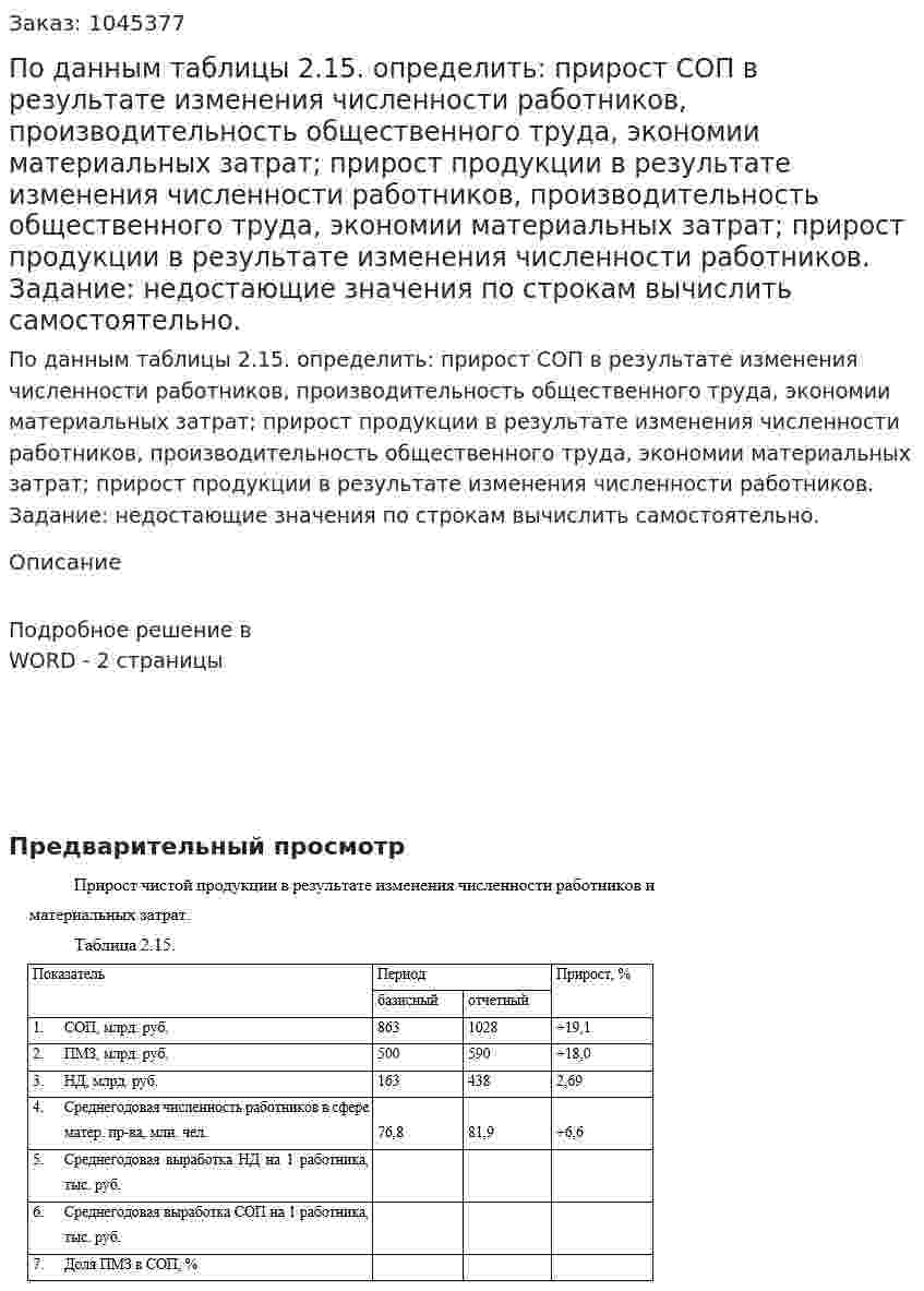 По данным таблицы 2.15. определить:  прирост СОП в результате изменения численности работников, производительность общественного труда, экономии материальных затрат;  прирост продукции в результате изменения численности работников, производительность общественного труда, экономии материальных затрат;  прирост продукции в результате изменения численности работников.  Задание: недостающие значения по строкам вычислить самостоятельно. 