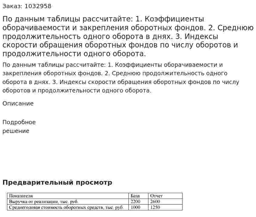 По данным таблицы рассчитайте:  1. Коэффициенты оборачиваемости и закрепления оборотных фондов.  2. Среднюю продолжительность одного оборота в днях.  3. Индексы скорости обращения оборотных фондов по числу оборотов и продолжительности одного оборота. 