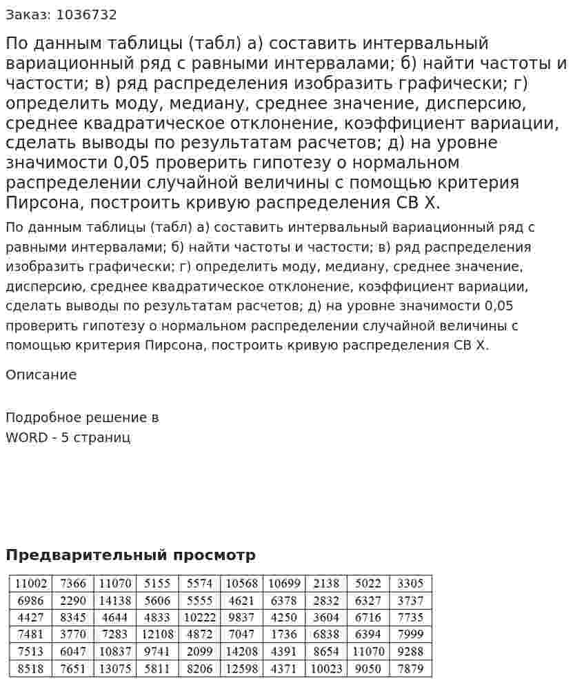 По данным таблицы (табл) а) составить интервальный вариационный ряд с равными интервалами; б) найти частоты и частости; в) ряд распределения изобразить графически; г) определить моду, медиану, среднее значение, дисперсию, среднее квадратическое отклонение, коэффициент вариации, сделать выводы по результатам расчетов; д) на уровне значимости 0,05 проверить гипотезу о нормальном распределении случайной величины с помощью критерия Пирсона, построить кривую распределения СВ Х. 