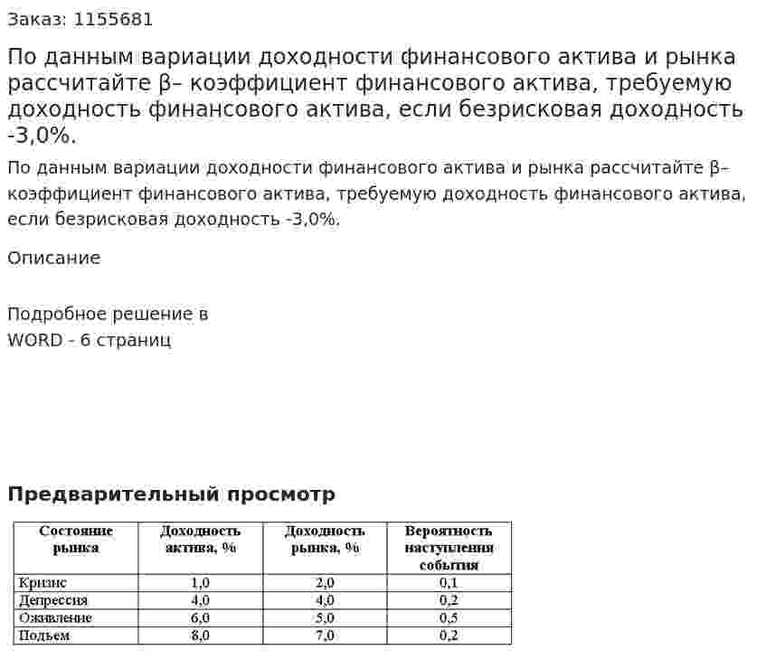 По данным вариации доходности финансового актива и рынка рассчитайте  β– коэффициент финансового актива, требуемую доходность финансового  актива, если безрисковая доходность -3,0%. 