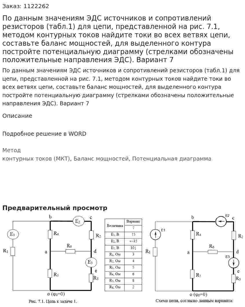 По данным значениям ЭДС источников и сопротивлений резисторов (табл.1)  для цепи, представленной на рис. 7.1, методом контурных токов найдите токи во всех ветвях цепи, составьте баланс мощностей, для выделенного контура постройте потенциальную диаграмму (стрелками обозначены положительные направления ЭДС).  Вариант 7 