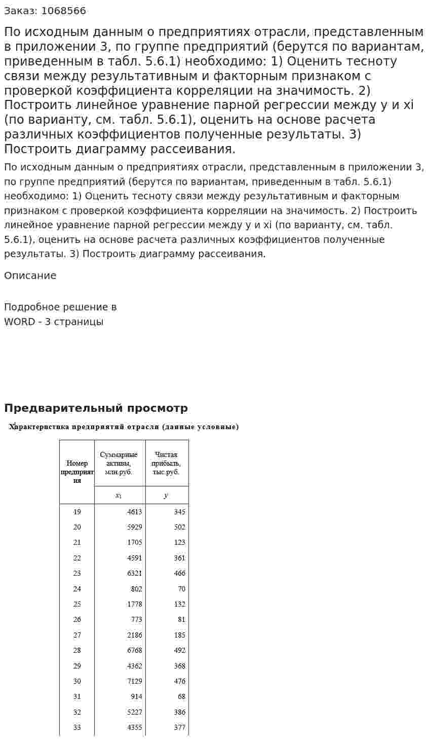 По исходным данным о предприятиях отрасли, представленным в приложении 3, по группе предприятий (берутся по вариантам, приведенным в табл. 5.6.1) необходимо: 	1)	Оценить тесноту связи между результативным и факторным признаком с проверкой коэффициента корреляции на значимость. 	2)	Построить линейное уравнение парной регрессии между  y  и  хi  (по варианту, см. табл. 5.6.1), оценить на основе расчета различных коэффициентов полученные результаты. 	3)	Построить диаграмму рассеивания. 