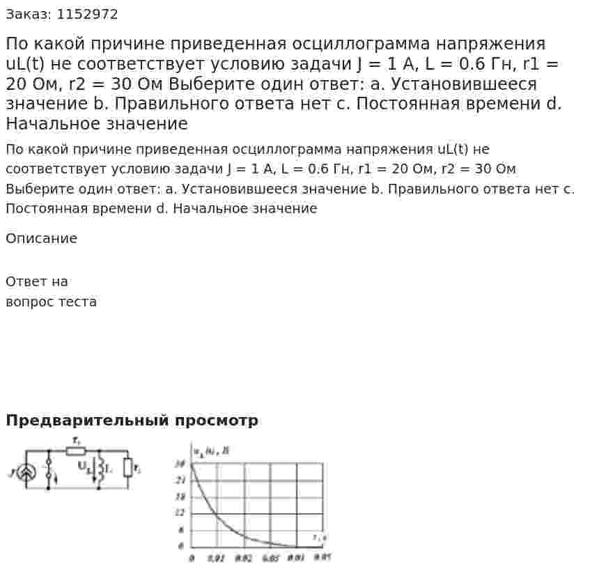 По какой причине приведенная осциллограмма напряжения uL(t) не соответствует условию задачи J = 1 A, L = 0.6 Гн, r1 = 20 Ом, r2 = 30 Ом Выберите один ответ: a.	Установившееся значение b.	Правильного ответа нет c.	Постоянная времени d.	Начальное значение 