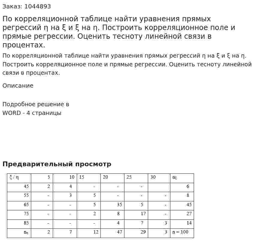 По корреляционной таблице найти уравнения прямых регрессий η на ξ и ξ на η. Построить корреляционное поле и прямые регрессии. Оценить тесноту линейной связи в процентах. 