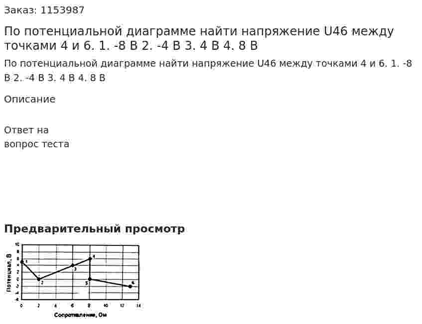 По потенциальной диаграмме найти напряжение U46 между точками 4 и 6. 1. -8 В 2. -4 В 3. 4 В 4. 8 В 
