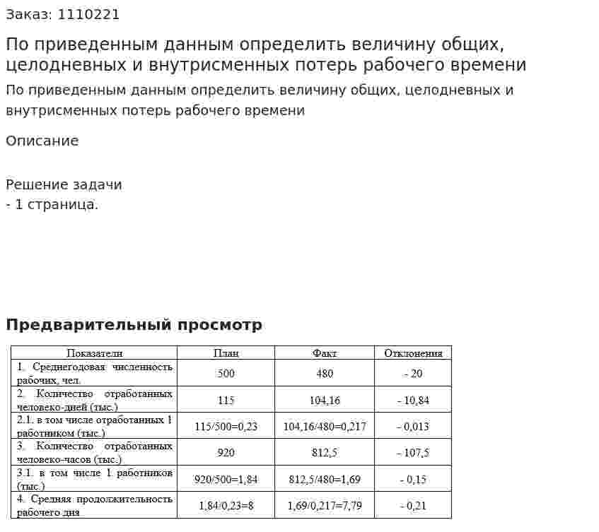 По приведенным данным определить величину общих, целодневных и внутрисменных потерь рабочего времени 