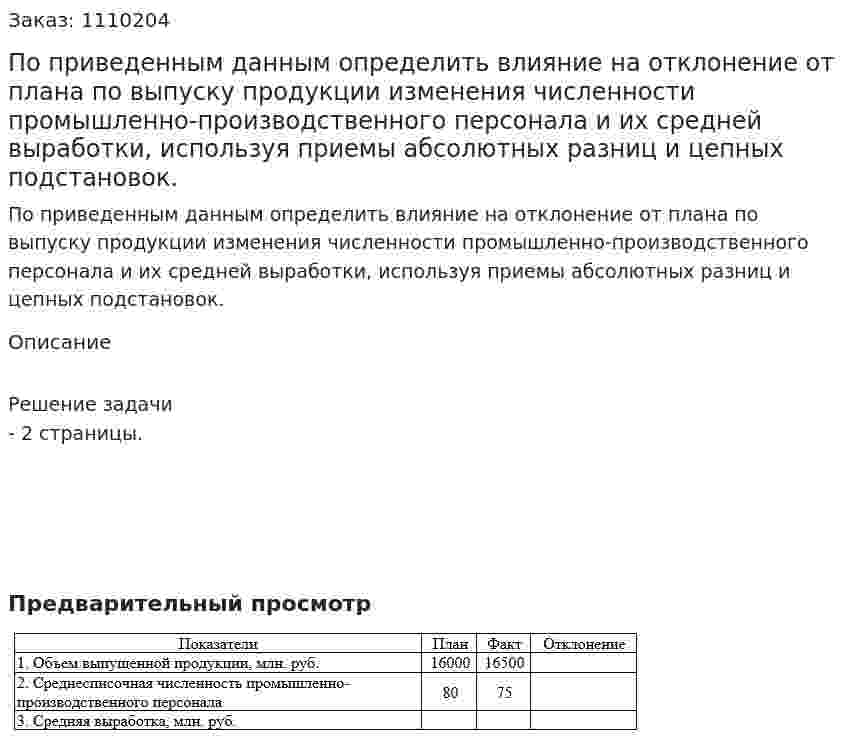 По приведенным данным определить влияние на отклонение от плана по выпуску продукции изменения численности промышленно-производственного персонала и их средней выработки, используя приемы абсолютных разниц и цепных подстановок. 