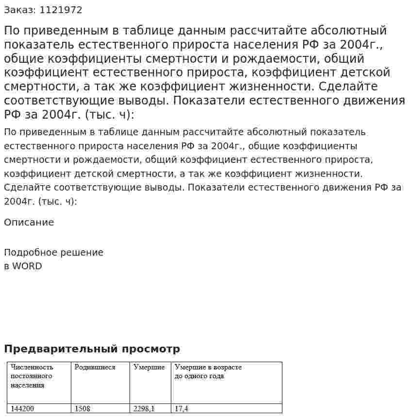 По приведенным в таблице данным рассчитайте абсолютный показатель естественного прироста населения РФ за 2004г., общие коэффициенты смертности и рождаемости, общий коэффициент естественного прироста, коэффициент детской смертности, а так же коэффициент жизненности. Сделайте соответствующие выводы. Показатели естественного движения РФ за 2004г. (тыс. ч): 