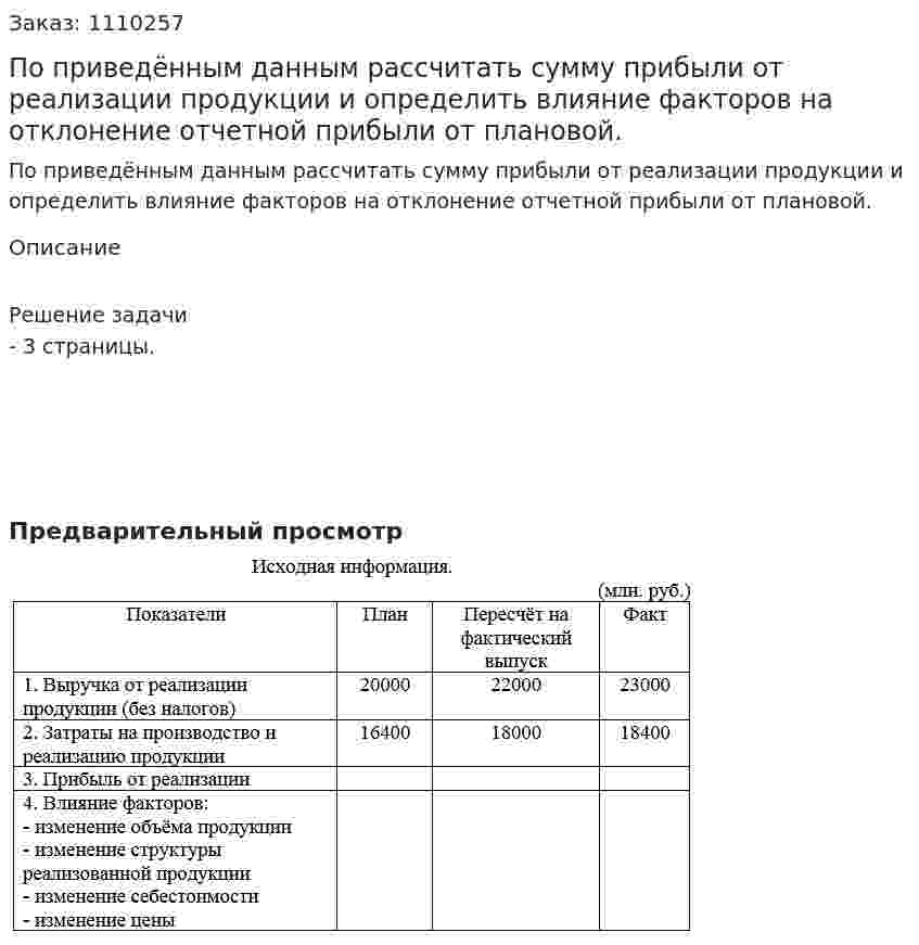По приведённым данным рассчитать сумму прибыли от реализации продукции и определить влияние факторов на отклонение отчетной прибыли от плановой. 