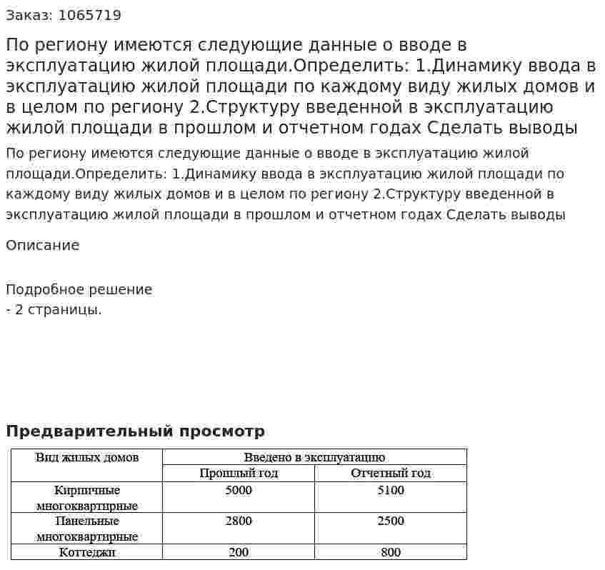 По региону имеются следующие данные о вводе в эксплуатацию жилой площади.Определить: 1.Динамику ввода в эксплуатацию жилой площади по каждому виду жилых домов и в целом по региону 2.Структуру введенной в эксплуатацию жилой площади в прошлом и отчетном годах Сделать выводы 