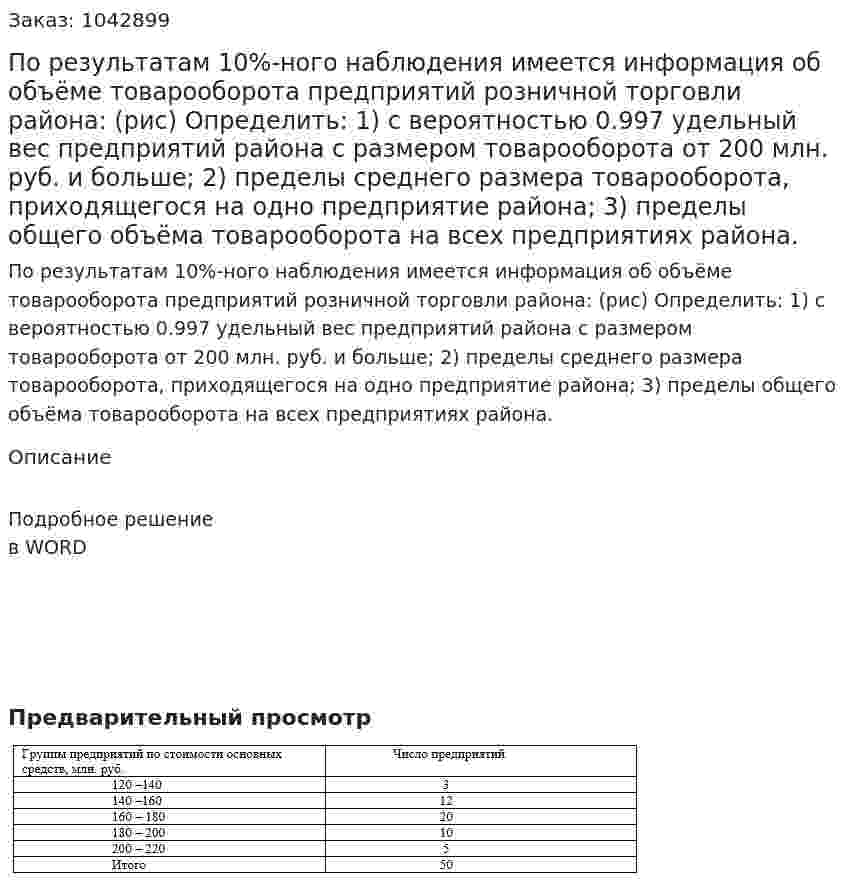 По результатам 10%-ного наблюдения имеется информация об объёме  товарооборота предприятий розничной торговли района: (рис) Определить:    1) с вероятностью 0.997 удельный вес предприятий района с размером товарооборота от 200 млн. руб. и больше;    2) пределы среднего размера товарооборота, приходящегося на одно предприятие района;   3) пределы общего объёма товарооборота на всех предприятиях района. 