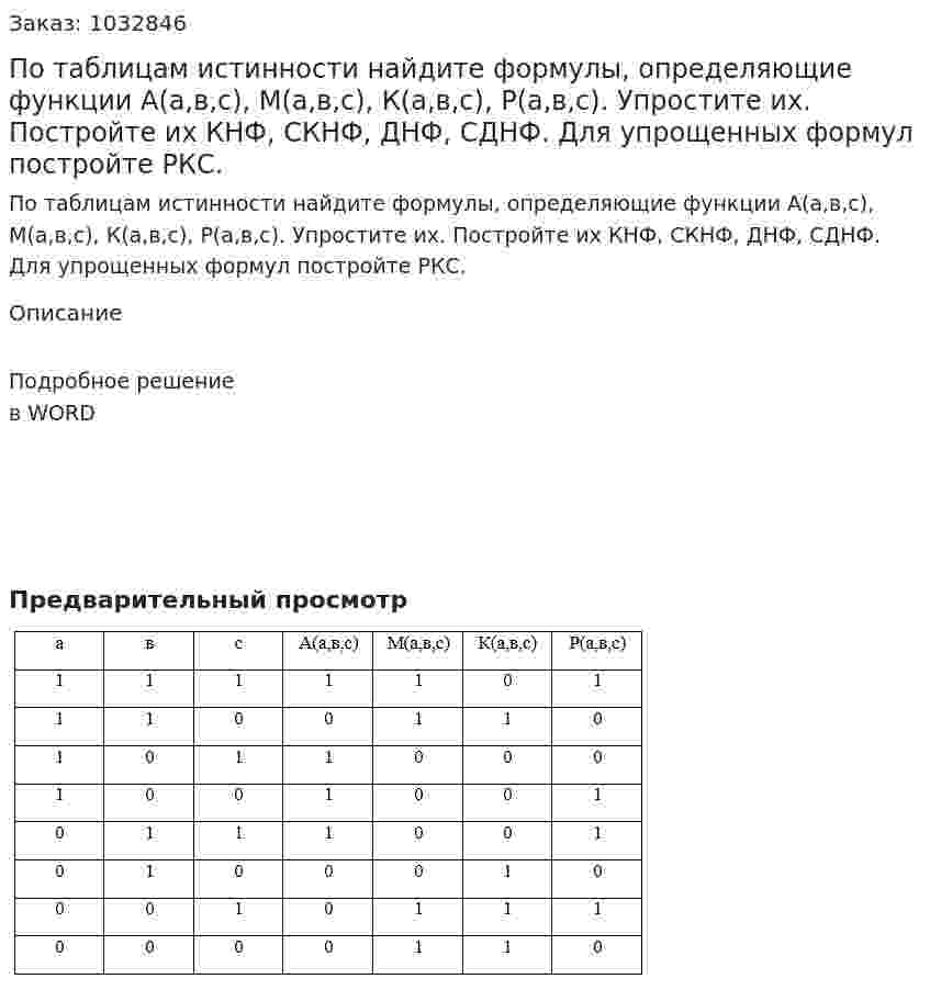 По таблицам истинности найдите формулы, определяющие функции А(а,в,с), М(а,в,с), К(а,в,с), Р(а,в,с). Упростите их. Постройте их КНФ, СКНФ, ДНФ, СДНФ. Для упрощенных формул постройте РКС. 