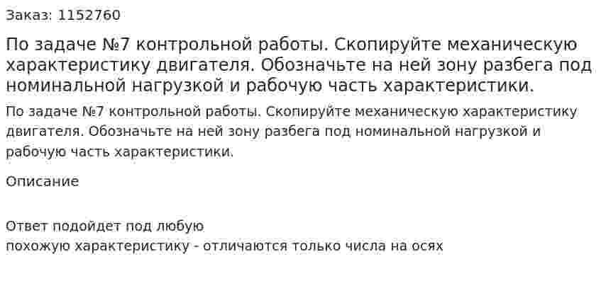 По задаче №7 контрольной работы. Скопируйте механическую характеристику двигателя. Обозначьте на ней зону разбега под номинальной нагрузкой и рабочую часть характеристики. 