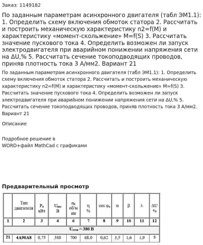 По заданным параметрам асинхронного двигателя (табл ЭМ1.1): 1. Определить схему включения обмоток статора 2. Рассчитать и построить механическую характеристику n2=f(M) и характеристику «момент-скольжение» М=f(S) 3. Рассчитать значение пускового тока 4. Определить возможен ли запуск электродвигателя при аварийном понижении напряжения сети на ΔU,% 5. Рассчитать сечение токоподводящих проводов, приняв плотность тока 3 А/мм2.  Вариант 21 
