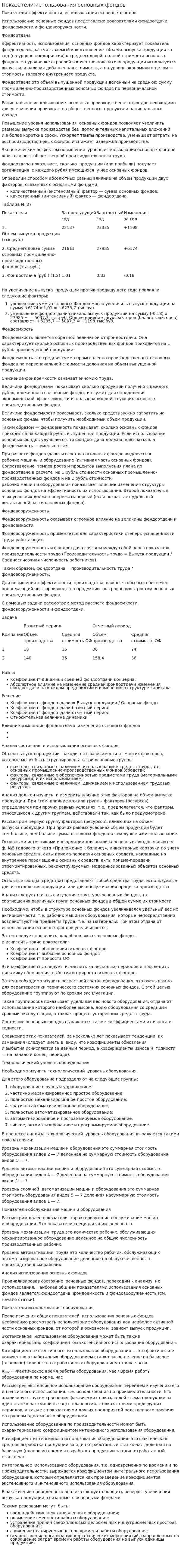 Показатели использования основных фондов