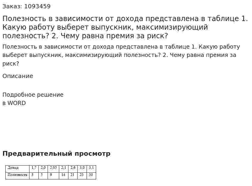 Полезность в зависимости от дохода представлена в таблице  1.	Какую работу выберет выпускник, максимизирующий полезность?  2.	Чему равна премия за риск? 