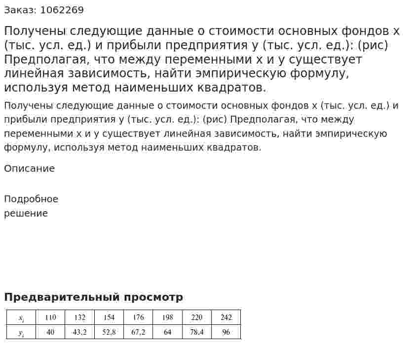 Получены следующие данные о стоимости основных фондов x (тыс. усл. ед.) и прибыли предприятия y (тыс. усл. ед.): (рис) Предполагая, что между переменными x и y существует линейная зависимость, найти эмпирическую формулу, используя метод наименьших квадратов. 