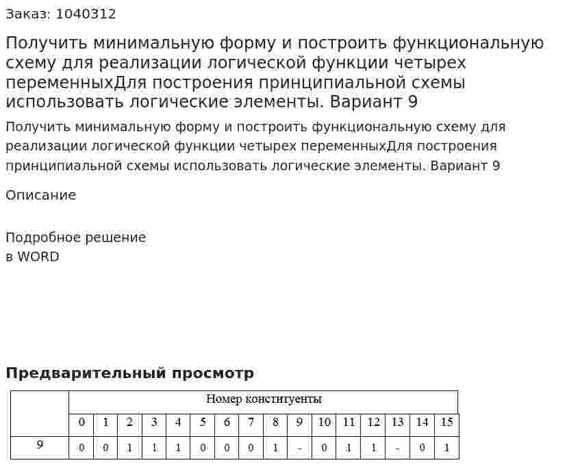Получить минимальную форму и построить функциональную схему для реализации логической функции четырех переменныхДля построения принципиальной схемы использовать логические элементы. Вариант 9 