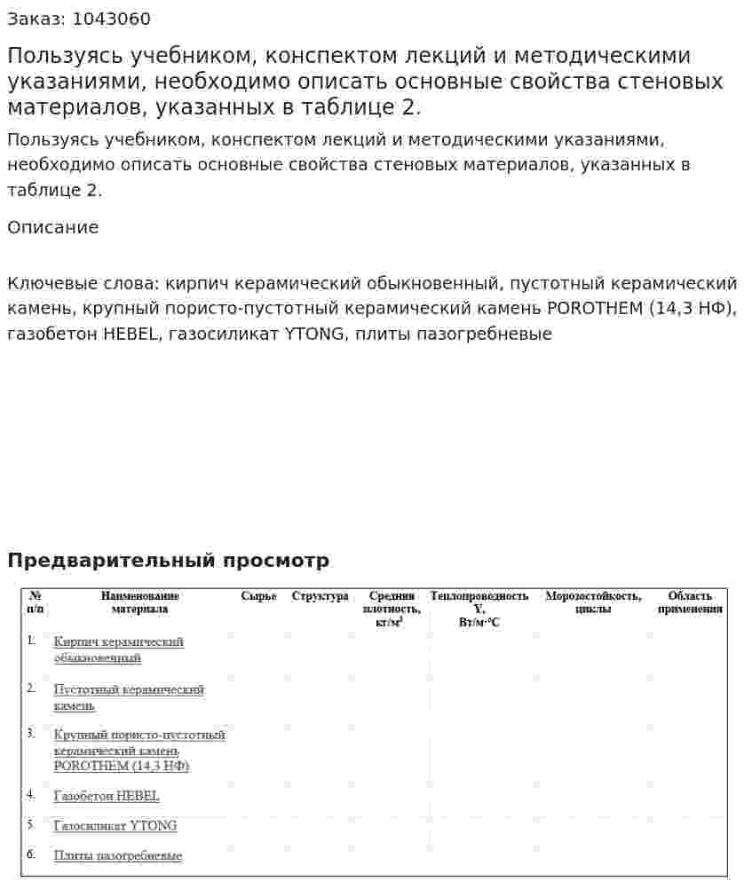Пользуясь учебником, конспектом лекций и методическими указаниями, необходимо описать основные свойства стеновых материалов, указанных в таблице 2. 