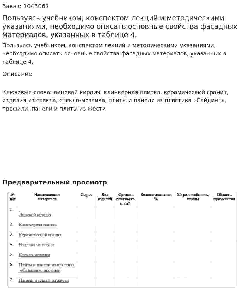 Пользуясь учебником, конспектом лекций и методическими указаниями, необходимо описать основные свойства фасадных материалов, указанных в таблице 4. 