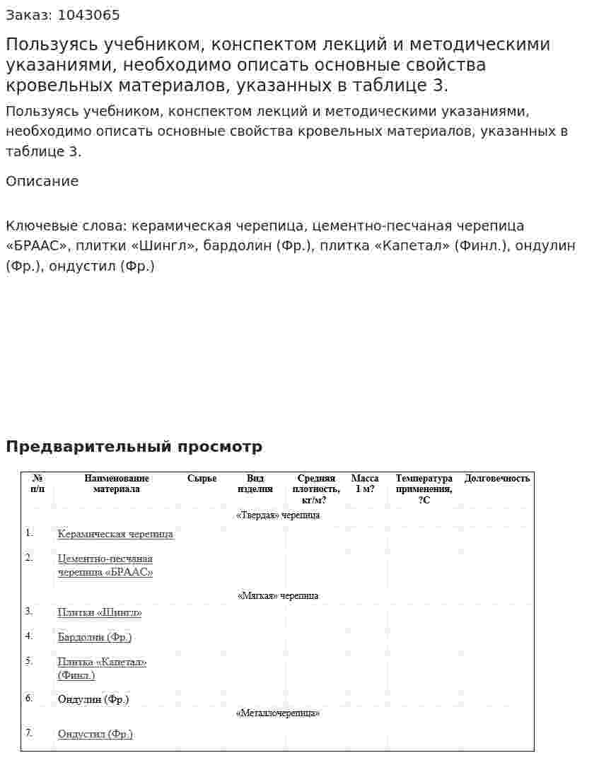 Пользуясь учебником, конспектом лекций и методическими указаниями, необходимо описать основные свойства кровельных материалов, указанных в таблице 3. 