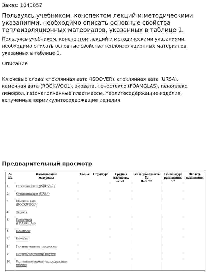 Пользуясь учебником, конспектом лекций и методическими указаниями, необходимо описать основные свойства теплоизоляционных материалов, указанных в таблице 1. 