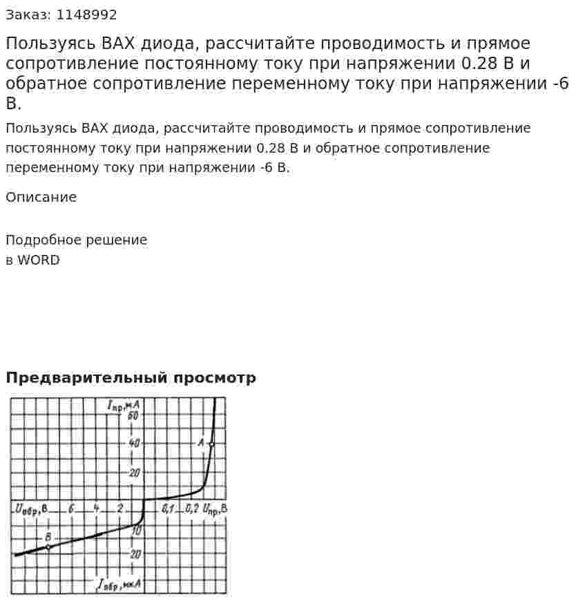 Пользуясь ВАХ диода, рассчитайте проводимость и прямое сопротивление постоянному току при напряжении 0.28 В и обратное сопротивление переменному току при напряжении -6 В. 