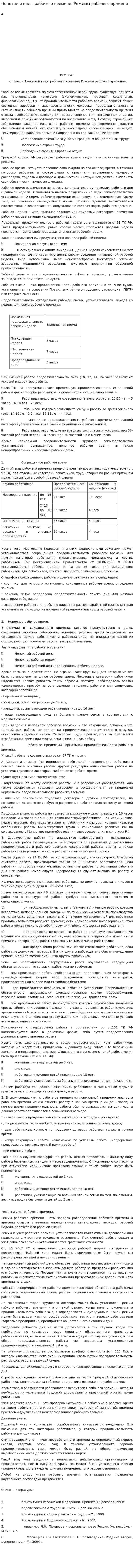 Понятие и виды рабочего времени. Режимы рабочего времени