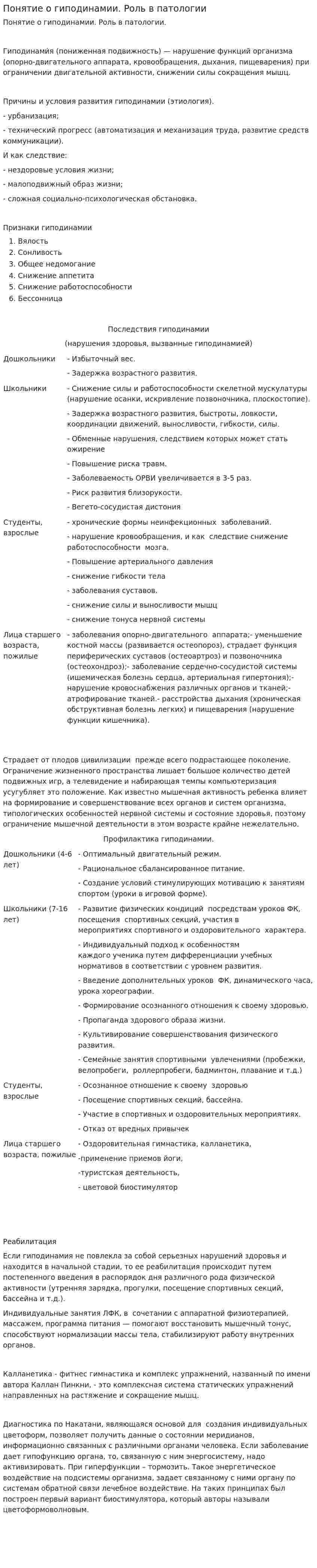 Понятие о гиподинамии. Роль в патологии