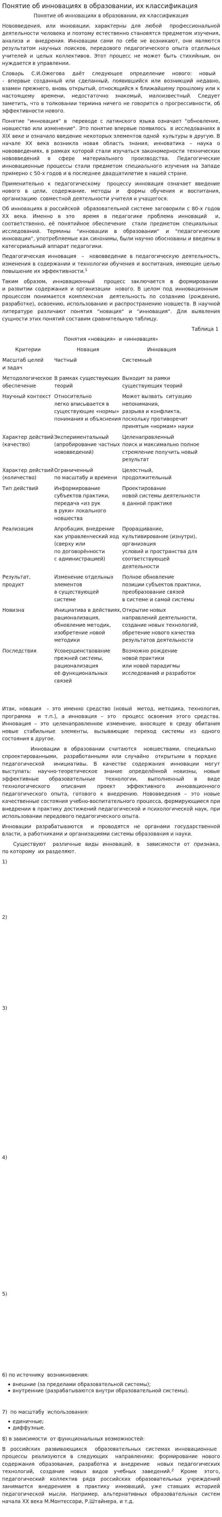 Понятие об инновациях в образовании, их классификация